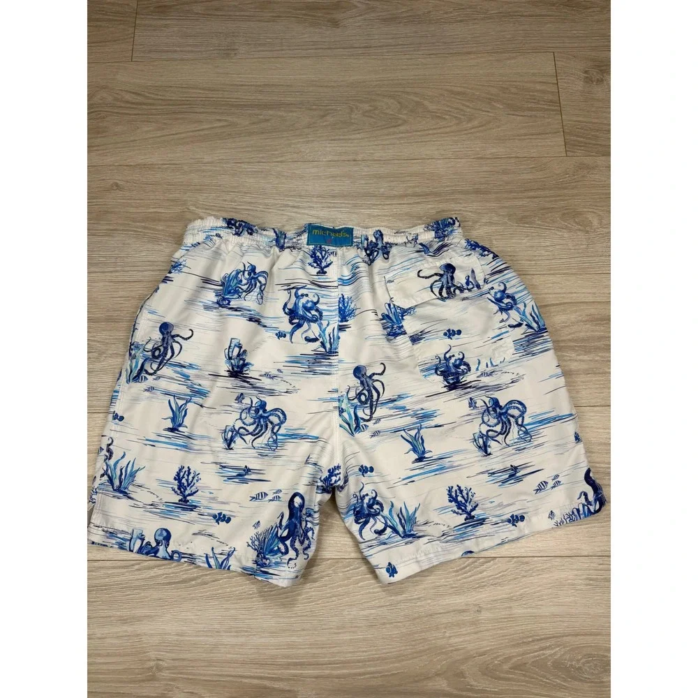 Michaels Mens XL Swim Trunks‎ Blue White Octopus Print Mesh Lined Beach Shorts